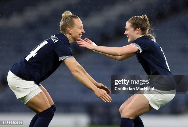 Emma Watson of Scotland celebrates scoring the opening goal during the Women's International Friendly between Scotland and Costa Rica at Hampden Park...