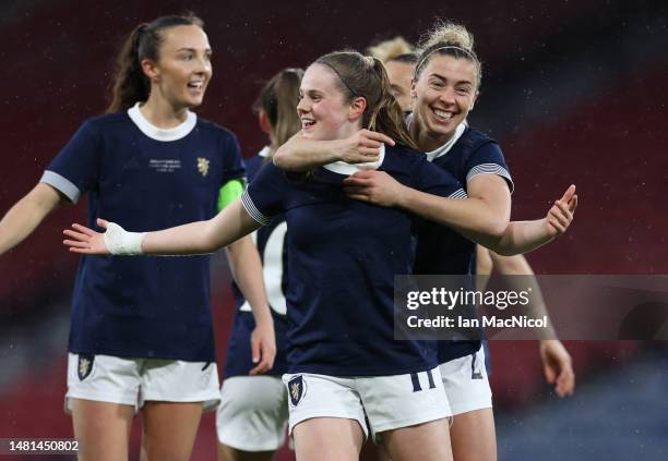 Emma Watson of Scotland celebrates scoring the opening goal during the Women's International Friendly between Scotland and Costa Rica at Hampden Park...