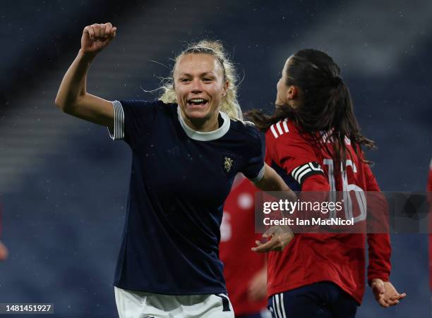 Claire Emslie of Scotland celebrates scoring her team's second goal during the Women's International Friendly between Scotland and Costa Rica at...