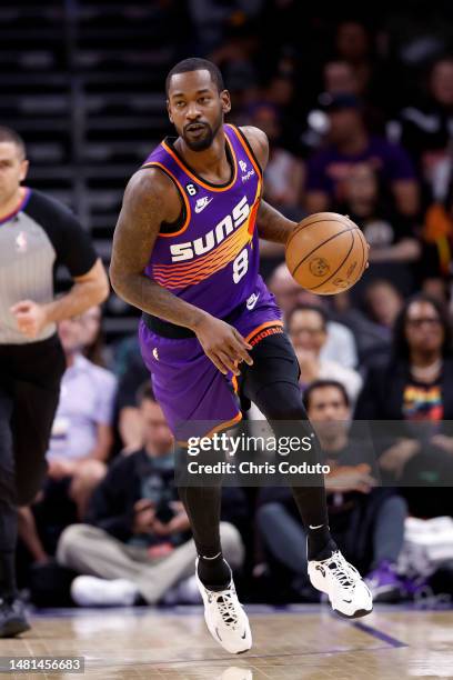 Terrence Ross of the Phoenix Suns dribbles the ball during the game against the Los Angeles Clippers at Footprint Center on April 09, 2023 in...