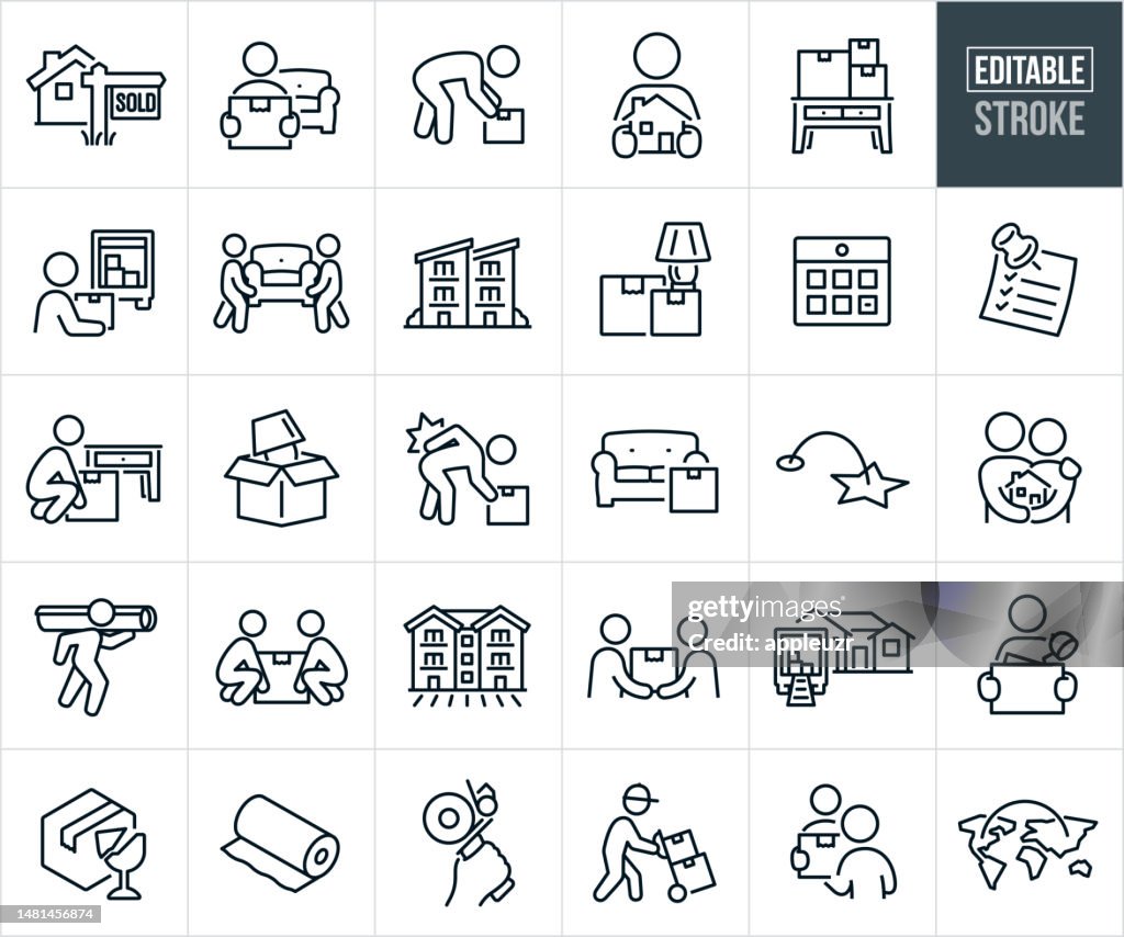 Moving House And Relocation Thin Line Icons - Editable Stroke