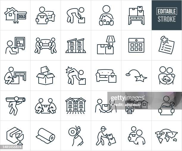 moving house and relocation thin line icons - editable stroke - cardboard box stock illustrations