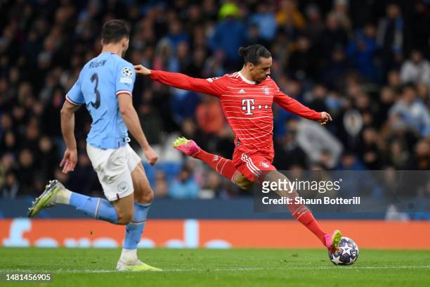 Leroy Sane of FC Bayern Munich shoots whilst under pressure from Ruben Dias of Manchester City during the UEFA Champions League quarterfinal first...