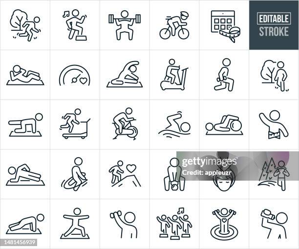 ilustraciones, imágenes clip art, dibujos animados e iconos de stock de iconos de línea delgada de ejercicio y estado físico - trazo editable - senderismo