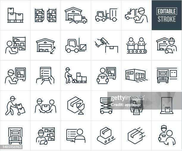 ilustrações de stock, clip art, desenhos animados e ícones de distribution warehouse and order fulfillment thin line icons - editable stroke - logistica