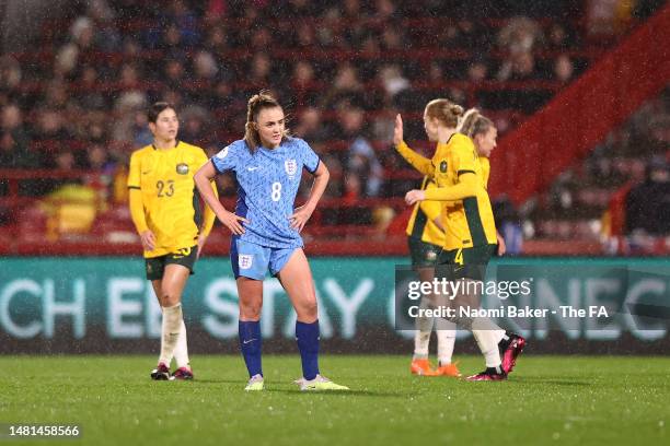 Georgia Stanway of England looks dejected after Charlotte Grant of Australia scored their team's first goal during the Women's International Friendly...