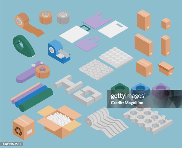 stockillustraties, clipart, cartoons en iconen met packaging, packaging materials, protective foam, boxes, adhesive tape, bags, isometric vector - styrofoam