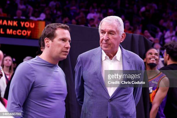Phoenix Suns owner Mat Ishbia and former owner Jerry Colangelo stand on the court at halftime during the game against the Los Angeles Clippers at...