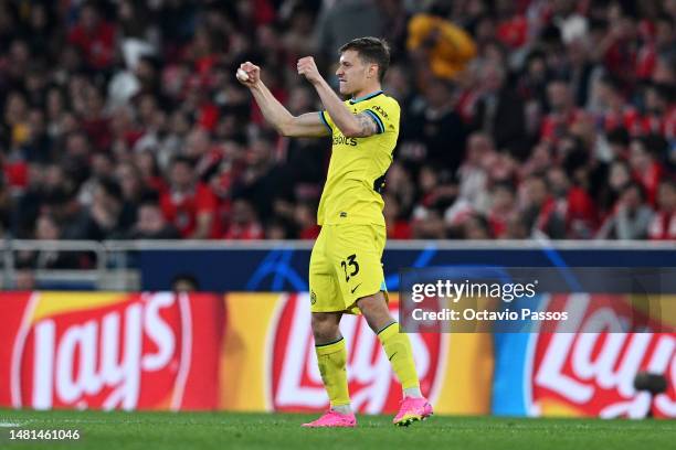 Nicolo Barella of FC Internazionale celebrates after scoring the team's first goal during the UEFA Champions League quarterfinal first leg match...