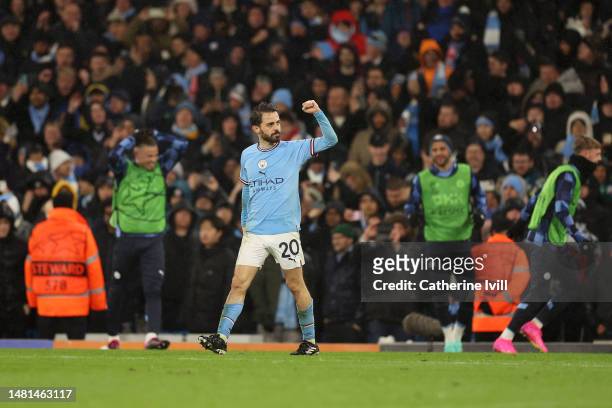 Bernardo Silva of Manchester City celebrates after scoring the team's second goal during the UEFA Champions League quarterfinal first leg match...