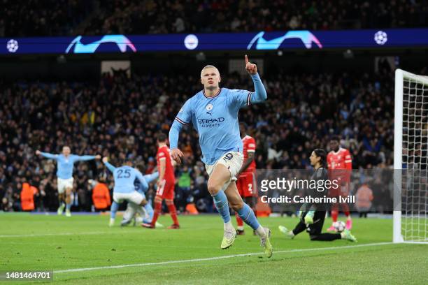 Erling Haaland of Manchester City celebrates after scoring the team's third goal during the UEFA Champions League quarterfinal first leg match...