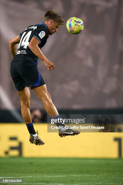 Marcos Llorente of Atletico de Madrid heading a ball during the LaLiga Santander match between Rayo Vallecano and Atletico de Madrid at Campo de...