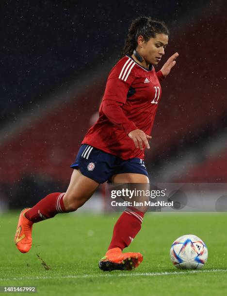 Raquel Rodriguez of Costa Rica controls the ball during the Women's International Friendly between Scotland and Costa Rica at Hampden Park on April...