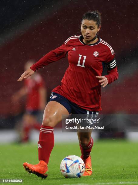 Raquel Rodriguez of Costa Rica controls the ball during the Women's International Friendly between Scotland and Costa Rica at Hampden Park on April...