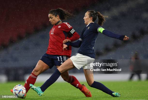 Raquel Rodriguez of Costa Rica vies with Caroline Weir of Scotland during the Women's International Friendly between Scotland and Costa Rica at...