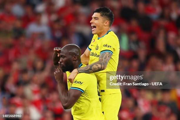 Romelu Lukaku of FC Internazionale celebrates after scoring the team's second goal from a penalty kick with teammate during the UEFA Champions League...