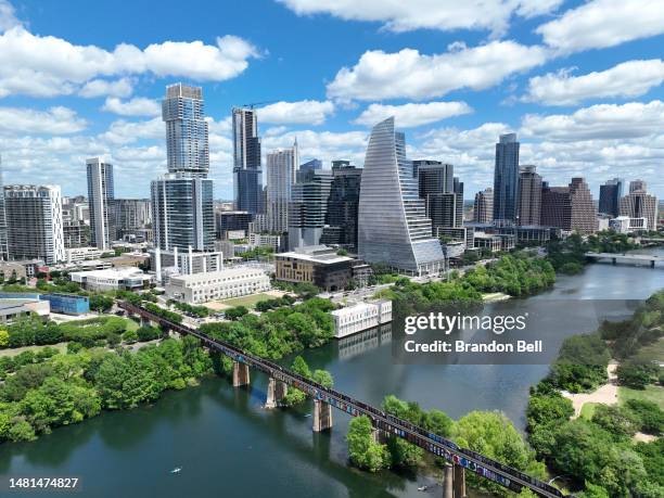 In an aerial view, the downtown skyline is seen on April 11, 2023 in Austin, Texas. The city of Austin has been ranked as the top destination of U.S....