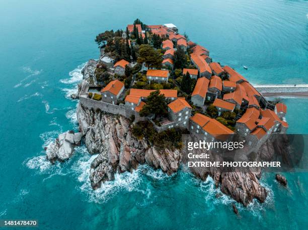 beautiful island of sveti stefan island in montenegro - budva stock pictures, royalty-free photos & images