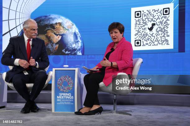 International Monetary Fund Managing Director Kristalina Georgieva speaks at a Bretton Woods Committee discussion with economist John Lipsky at the...