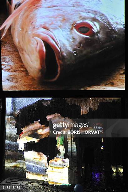 Picture taken on July 10, 2012 shows a video screen on stage as actors of the Mapa Teatro from Bogota perform during a rehearsal of the play "Los...