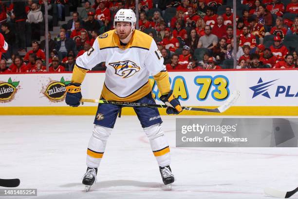 Yakov Trenin of the Nashville Predators prepares to face off against the Calgary Flames at Scotiabank Saddledome on April 10, 2023 in Calgary,...