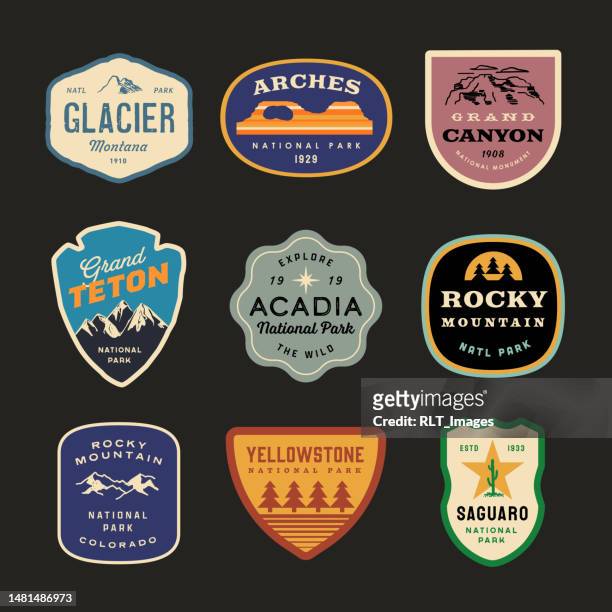 retro national park badges - shield badge stock illustrations