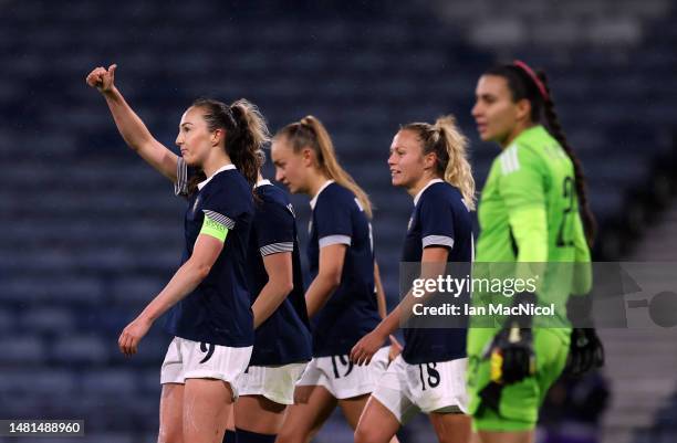 Caroline Weir of Scotland celebrates after scoring her team's third goal during the Women's International Friendly between Scotland and Costa Rica at...