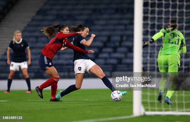 Caroline Weir of Scotland scores her team's third goal during the Women's International Friendly between Scotland and Costa Rica at Hampden Park on...