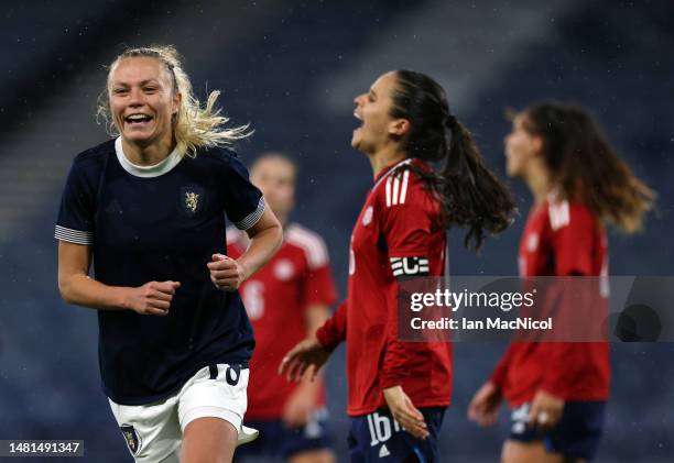Claire Emslie of Scotland celebrates scoring her team's second goal during the Women's International Friendly between Scotland and Costa Rica at...