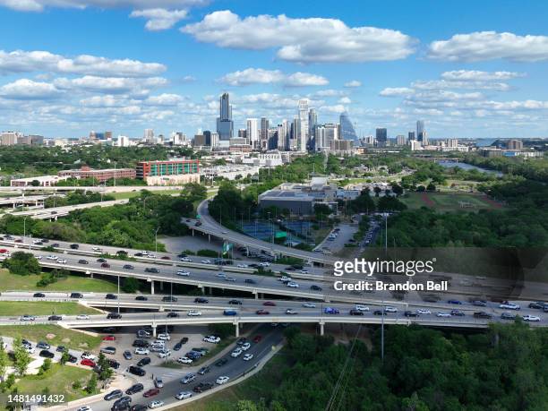 In an aerial view, the downtown skyline is seen on April 11, 2023 in Austin, Texas. The city of Austin has been ranked as the top destination of U.S....