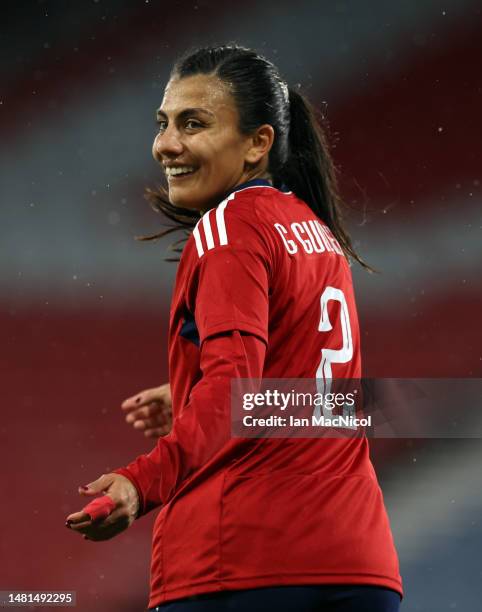 Gabriela Guillen of Costa Rica is seen in action during the Women's International Friendly between Scotland and Costa Rica at Hampden Park on April...