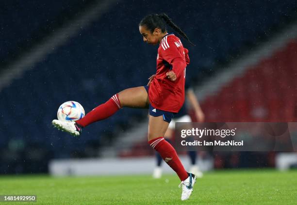 Maria Paula Porres of Costa Rica is seen in action during the Women's International Friendly between Scotland and Costa Rica at Hampden Park on April...