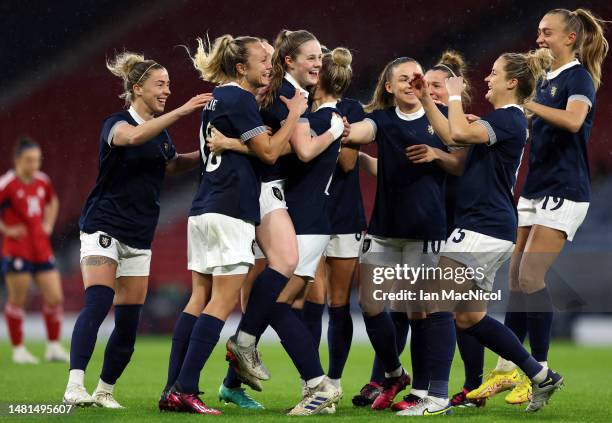 Emma Watson of Scotland celebrates scoring the opening goal with team mates during the Women's International Friendly between Scotland and Costa Rica...