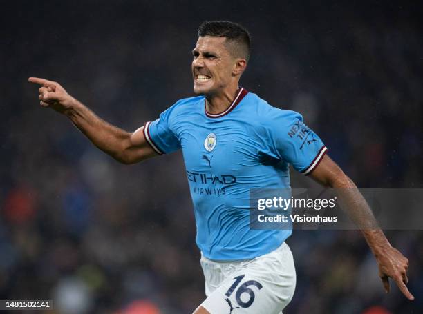 Rodrigo of Manchester City celebrates scoring the first goal with team mate Bernardo Silva during the UEFA Champions League quarter final first leg...