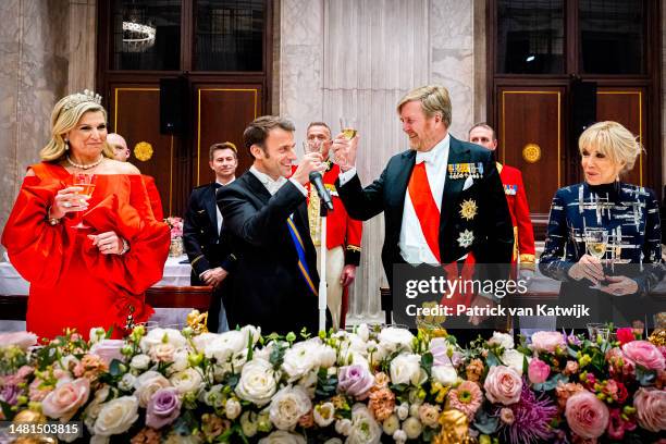 Queen Maxima of the Netherlands, French President Emmanuel Macron, King Willem-Alexander of The Netherlands and Brigitte Macron are seen at the Royal...