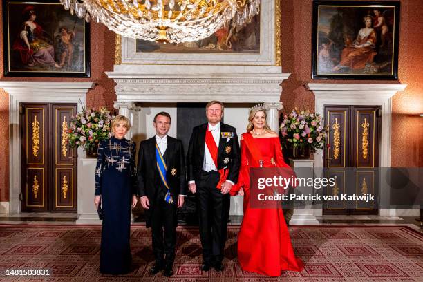 Brigitte Macron, French President Emmanuel Macron, King Willem-Alexander of The Netherlands and Queen Maxima of the Netherlands offer a state banquet...