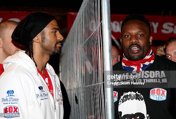 David Haye and Dereck Chisora during a head to head press conference on July 11, 2012 in London, England.