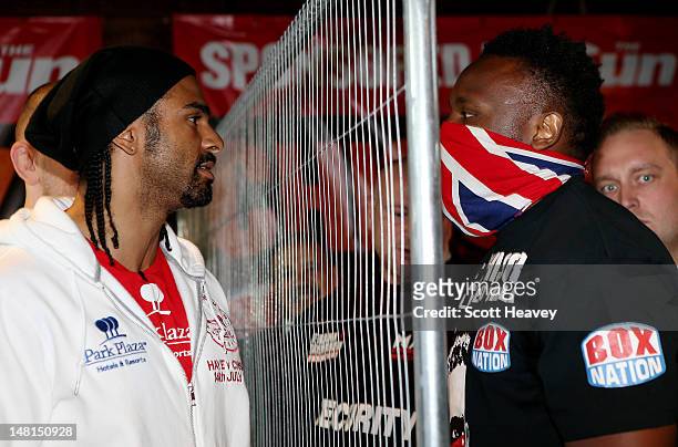 David Haye and Dereck Chisora during a head to head press conference on July 11, 2012 in London, England.