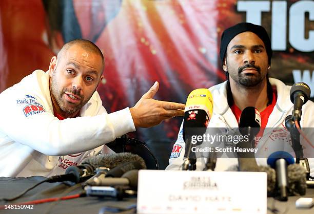 Adam Booth and David Haye during a head to head press conference on July 11, 2012 in London, England.