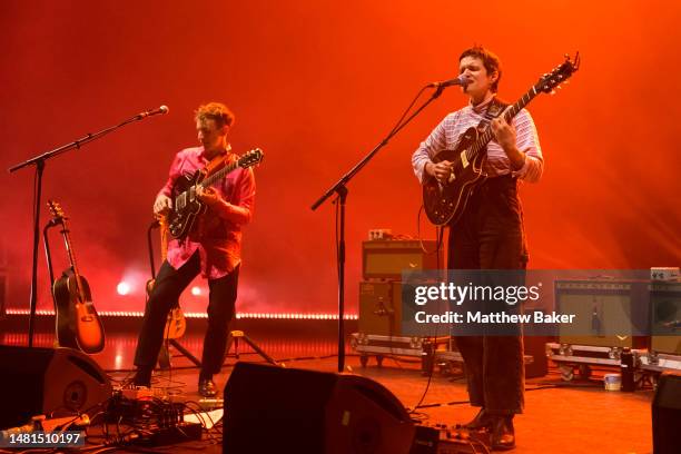 Buck Meek and Adrianne Lenker of Big Thief perform at Eventim Apollo on April 11, 2023 in London, England.