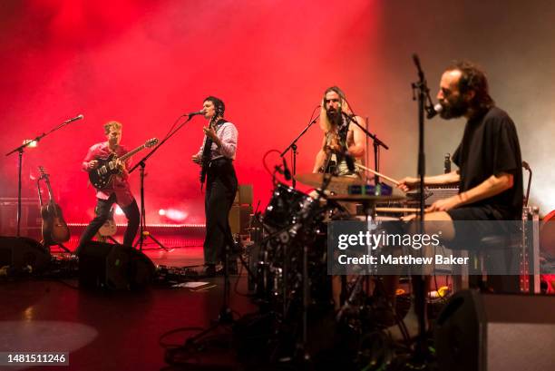 Buck Meek, Adrianne Lenker, Max Oleartchik and James Krivchenia of Big Thief perform at Eventim Apollo on April 11, 2023 in London, England.