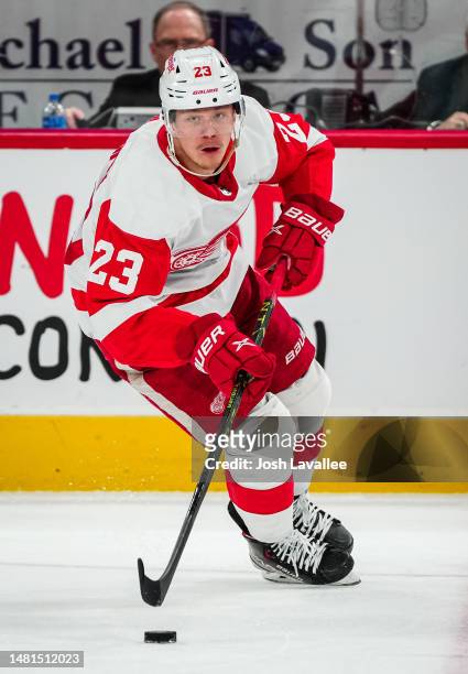 Lucas Raymond of the Detroit Red Wings skates during the second period against the Carolina Hurricanes at PNC Arena on April 11, 2023 in Raleigh,...