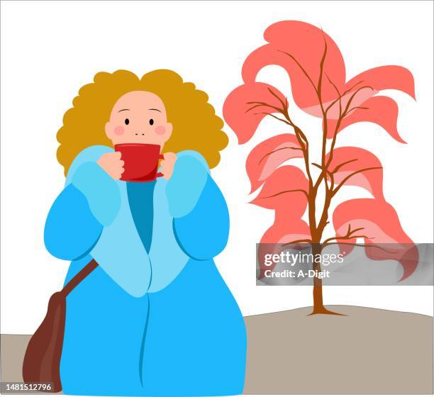 warm hugs and mugs pink tree - orange coat stock illustrations