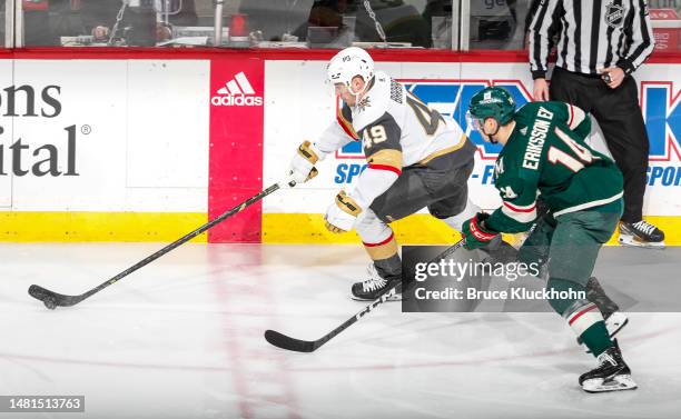 Ivan Barbashev of the Vegas Golden Knights skates with the puck during the game against the Minnesota Wild at Xcel Energy Center on April 3, 2023 in...