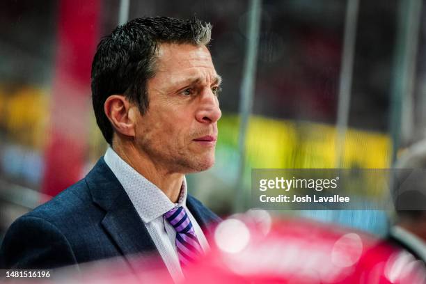 Head coach Rod Brind'Amour of the Carolina Hurricanes is seen on the bench during the second period against the Detroit Red Wings at PNC Arena on...