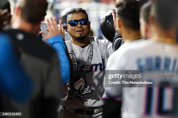 Luis Arraez of the Miami Marlins reacts after hitting a solo home run during the seventh inning against the Philadelphia Phillies at Citizens Bank...