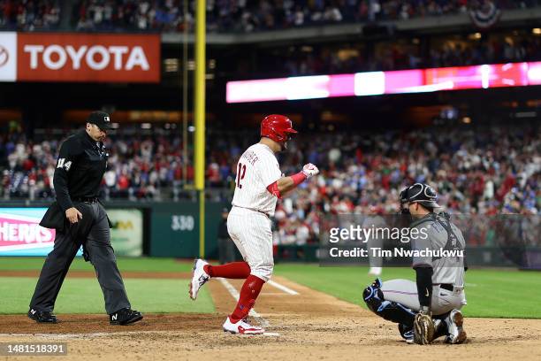 Kyle Schwarber of the Philadelphia Phillies rounds bases after hitting a solo home run during the sixth inning against the Miami Marlins at Citizens...