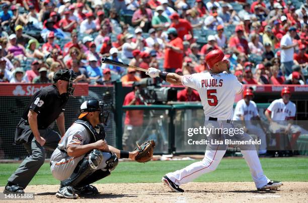 Albert Pujols of the Los Angeles Angels of Anaheim bats against the Baltimore Orioles at Angel Stadium of Anaheim on July 8, 2012 in Anaheim,...