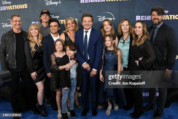 Jeremy Renner and family attend the Los Angeles premiere of Disney+'s original series "Rennervations" at Regency Village Theatre on April 11, 2023 in...