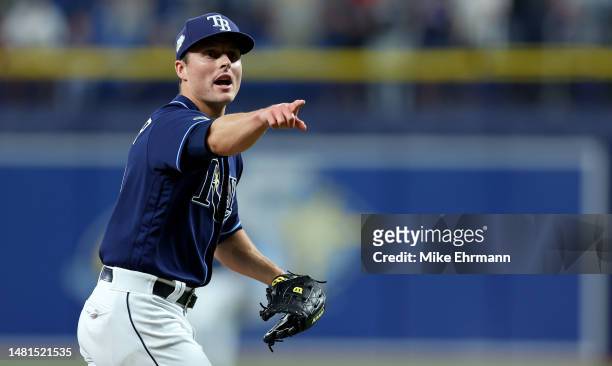 Calvin Faucher of the Tampa Bay Rays reacts to a play in the ninth inning during a game against the Boston Red Sox at Tropicana Field on April 11,...